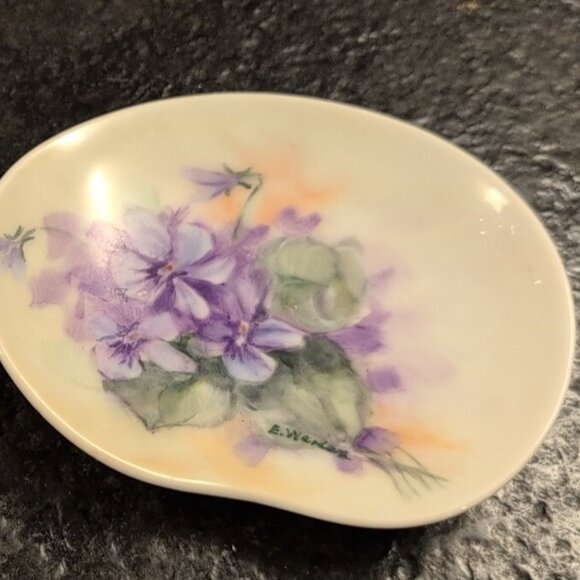(2) Vintage Hand Painted Porcelain Jewelry Trinket Dish Floral 4 1/4" X 3 1/2" - Picture 2 of 10